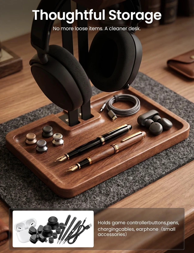 Alt view image 3 of 5 - LOXP Wooden Headphone Holder, Solid Stand with Non-Slip and Storage Base