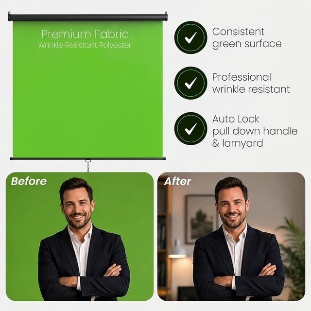 Alt view image 5 of 5 - Wider Style KHOMO GEAR Green Screen 84 x 84 inch Extra Large Pull Down Backdrop Portable Collapsible Roll Down Projector Screen Green Screen for Video, Streaming, and Photography