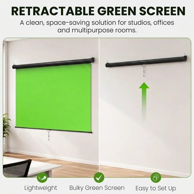 Alt view image 3 of 5 - Wider Style KHOMO GEAR Green Screen 84 x 84 inch Extra Large Pull Down Backdrop Portable Collapsible Roll Down Projector Screen Green Screen for Video, Streaming, and Photography