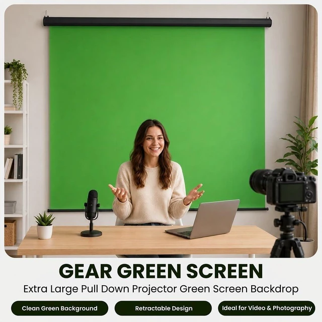 Alt view image 2 of 5 - Wider Style KHOMO GEAR Green Screen 84 x 84 inch Extra Large Pull Down Backdrop Portable Collapsible Roll Down Projector Screen Green Screen for Video, Streaming, and Photography
