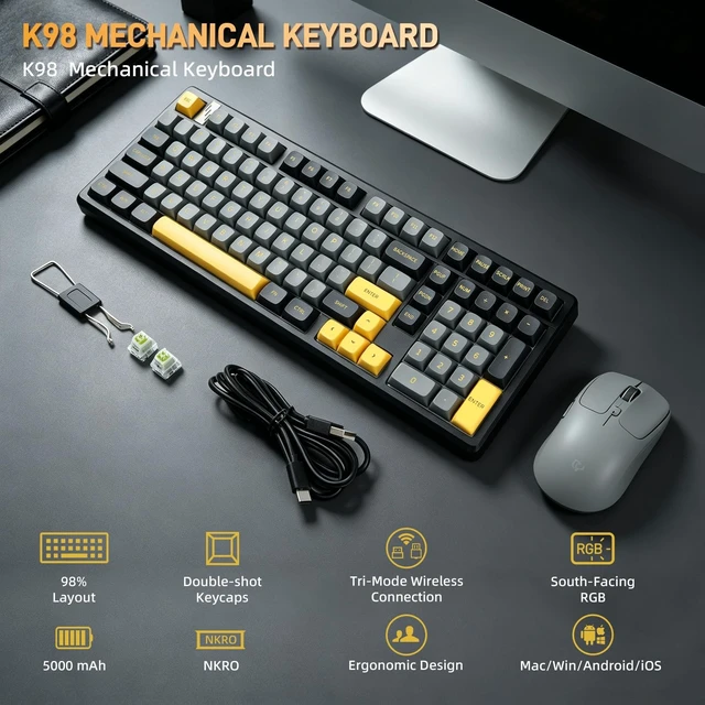 Alt view image 2 of 5 - MMViCTY K98 Tri-Mode Wireless Mechanical Keyboard 98 Keys, Hot Swappable Pre-Lubed Switches, Gasket Mount BT5.0/2.4G/USB-C RGB Backlit PBT Keyboards with 5000/10000mAh Battery for Gaming & Offi