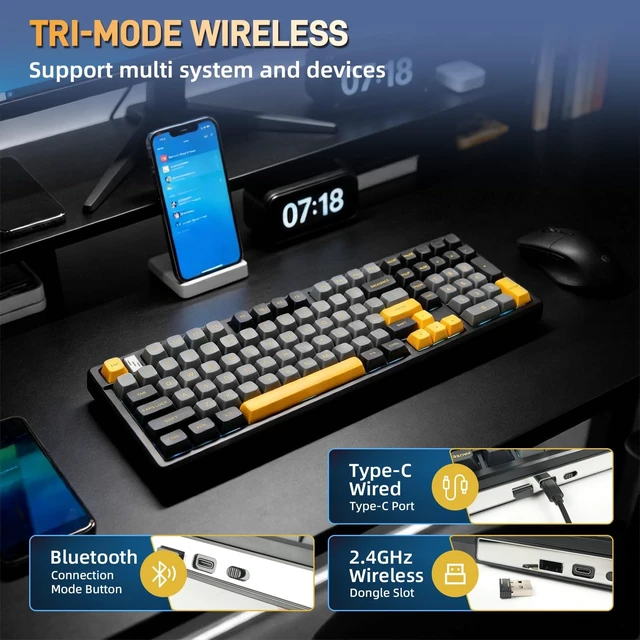 Alt view image 4 of 5 - MMViCTY K98 Tri-Mode Wireless Mechanical Keyboard 98 Keys, Hot Swappable Pre-Lubed Switches, Gasket Mount BT5.0/2.4G/USB-C RGB Backlit PBT Keyboards with 5000/10000mAh Battery for Gaming & Offi