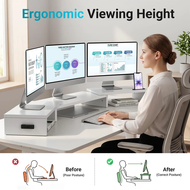 Alt view image 2 of 5 - BONTEC Triple Monitor Stand Riser with Smartphone Holder, White