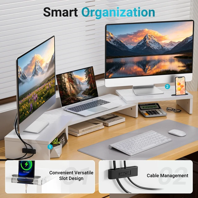 Alt view image 5 of 5 - BONTEC Triple Monitor Stand Riser with Smartphone Holder, White