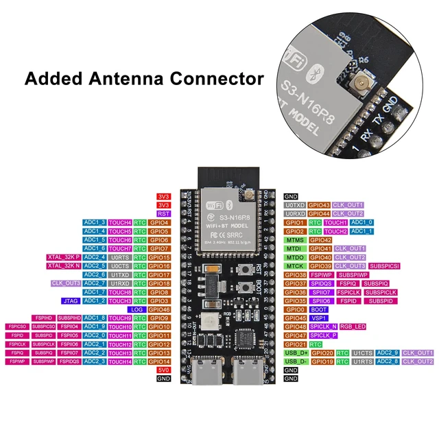 Alt view image 5 of 5 - AITRIP 3Sets ESP32 S3 N16R8 DevKitC-1 Module USB C with Antenna Base Dual-Mode Wi-Fi Bluetooth for ESP32 S3 Development Boards with GPIO Expansion Boards Compatible with Arduino