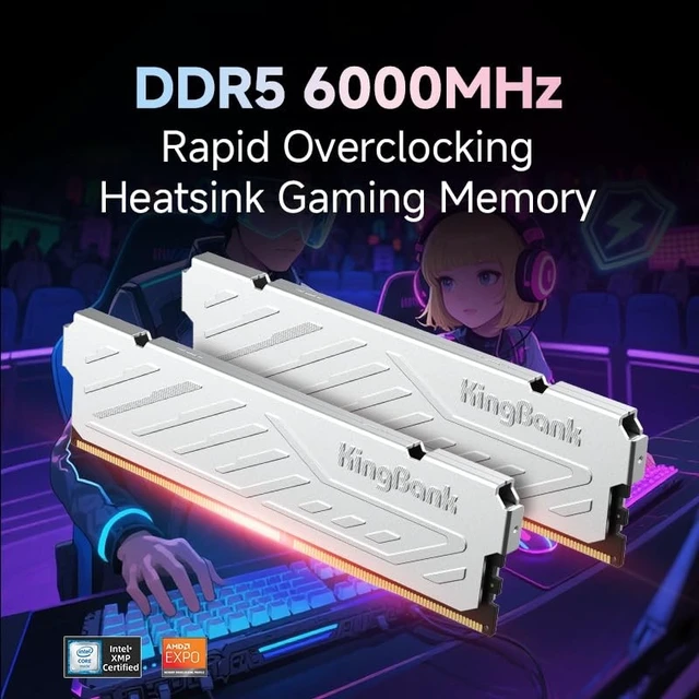 Alt view image 2 of 5 - KingBank Computer Desktop Memory Ram DDR5 32GB(2x16GB) 6000MT/s CL36 1.35V Overclocking XMP 3.0 & AMD Expo with Heatsink for PC Gaming/Office/PS,Silver