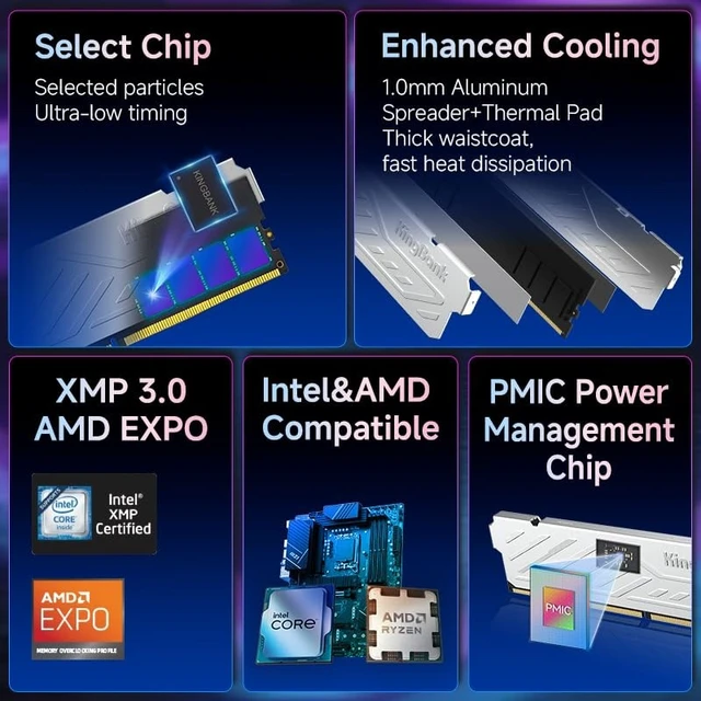 Alt view image 4 of 5 - KingBank Computer Desktop Memory Ram DDR5 32GB(2x16GB) 6000MT/s CL36 1.35V Overclocking XMP 3.0 & AMD Expo with Heatsink for PC Gaming/Office/PS,Silver