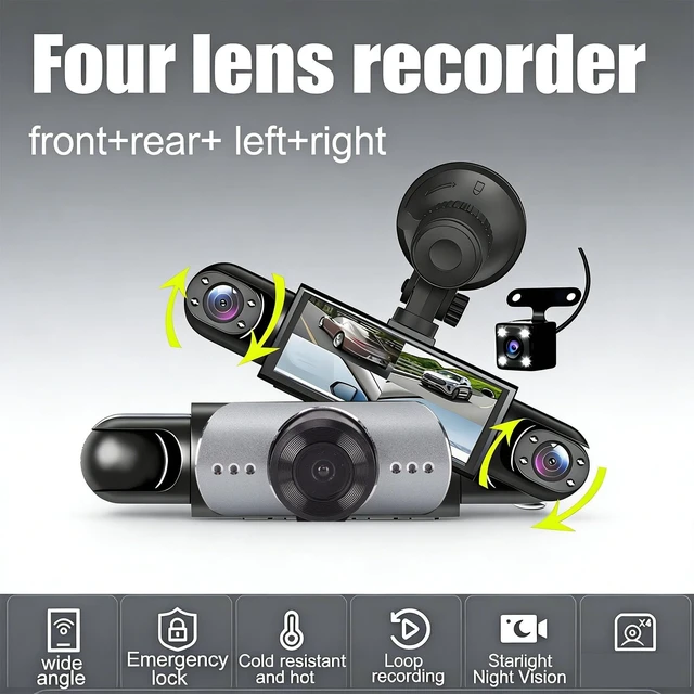 Alt view image 2 of 5 - Bewinner 4 Lens Dash Cam, 1080P HD Car DVR 360 Recording Front Rear Side Cameras, WiFi APP Control 64GB Card 24/7 Parking Monitor G Sensor for Trucks Cars SUVs