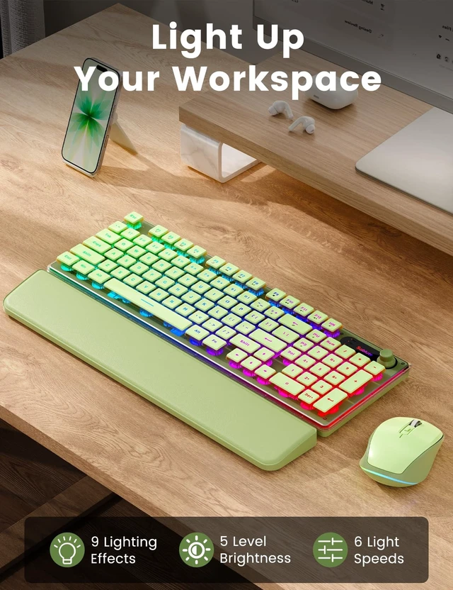 Alt view image 2 of 5 - Wireless Keyboard and Mouse Combo - 9 Backlit Effects, Wrist Rest, Double-Shot Keycaps, Metal Panel, Long-Lasting Rechargeable, 2.4G Keyboard Mouse Set for Windows Mac PC Laptop Sablute (Green