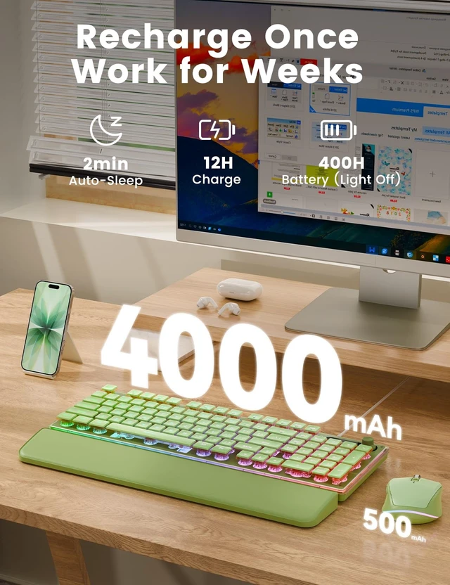 Alt view image 4 of 5 - Wireless Keyboard and Mouse Combo - 9 Backlit Effects, Wrist Rest, Double-Shot Keycaps, Metal Panel, Long-Lasting Rechargeable, 2.4G Keyboard Mouse Set for Windows Mac PC Laptop Sablute (Green