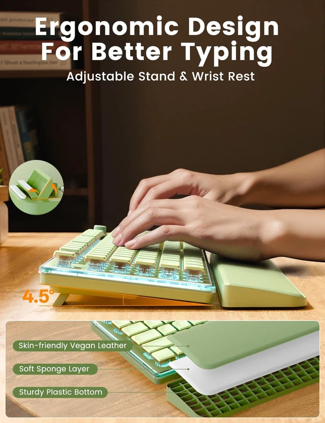 Alt view image 3 of 5 - Wireless Keyboard and Mouse Combo - 9 Backlit Effects, Wrist Rest, Double-Shot Keycaps, Metal Panel, Long-Lasting Rechargeable, 2.4G Keyboard Mouse Set for Windows Mac PC Laptop Sablute (Green