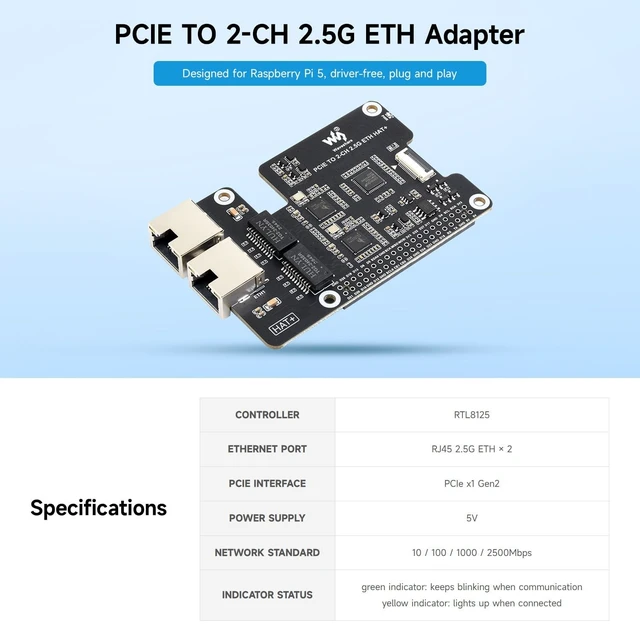 Alt view image 3 of 5 - KLAYERS PCIe to 2X 2.5G Ethernet Adapter Compatible wth RPi 5