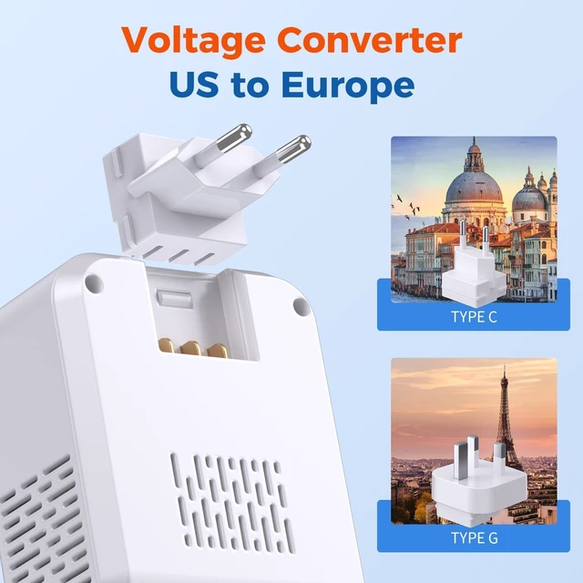 Alt view image 2 of 5 - 2000W Voltage Converter US to Europe for Hair Dryers, 7-in-1 220V to 110V Converter for European Travel with 3 AC/2 USBA/2 USBC Ports (PD20W), Universal Travel Adapter with Type C G Plug (White)