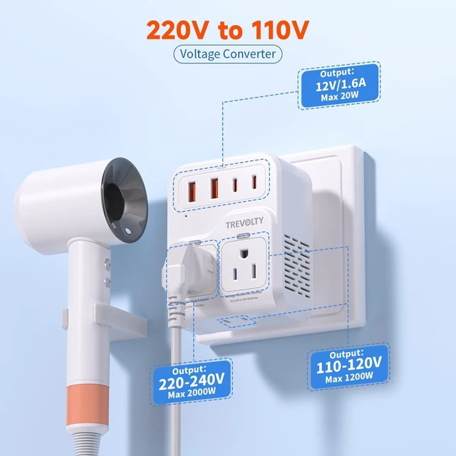 Alt view image 3 of 5 - 2000W Voltage Converter US to Europe for Hair Dryers, 7-in-1 220V to 110V Converter for European Travel with 3 AC/2 USBA/2 USBC Ports (PD20W), Universal Travel Adapter with Type C G Plug (White)