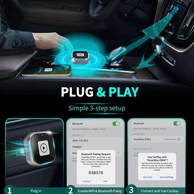 Alt view image 3 of 5 - COLLSCOONY Wireless CarPlay Adapter for iPhone - Mini USB Design, Plug & Play, Auto Connect,Convert Wired to Wireless CarPlay in Seconds, iOS 10+ Compatible (2025 Upgrade) for Cars 2016+