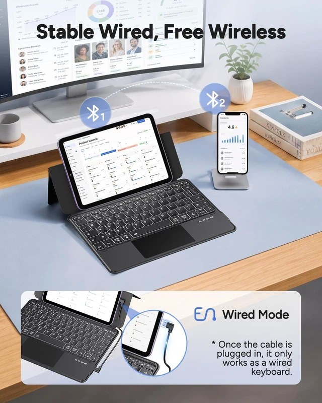 Alt view image 2 of 5 - Universal Keyboard Wired & Dual Bluetooth for Tablet & Phone, Plug & Play Keypad for iPad, Z Fold & Galaxy Tab & Idea Tab, Wireless Keypad w/ Trackpad & Stand & Backlit for iOS/Android/macOS/Wi