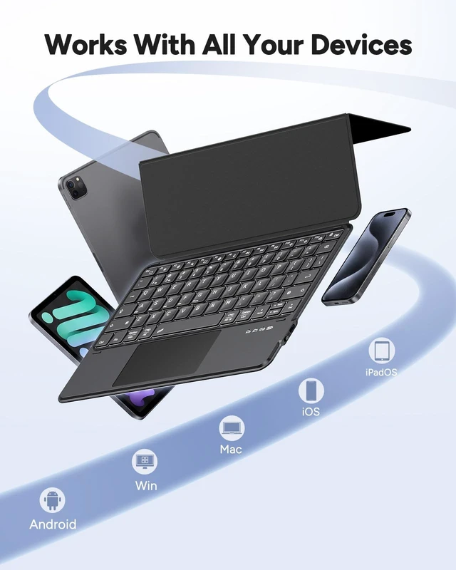 Alt view image 4 of 5 - Universal Keyboard Wired & Dual Bluetooth for Tablet & Phone, Plug & Play Keypad for iPad, Z Fold & Galaxy Tab & Idea Tab, Wireless Keypad w/ Trackpad & Stand & Backlit for iOS/Android/macOS/Wi