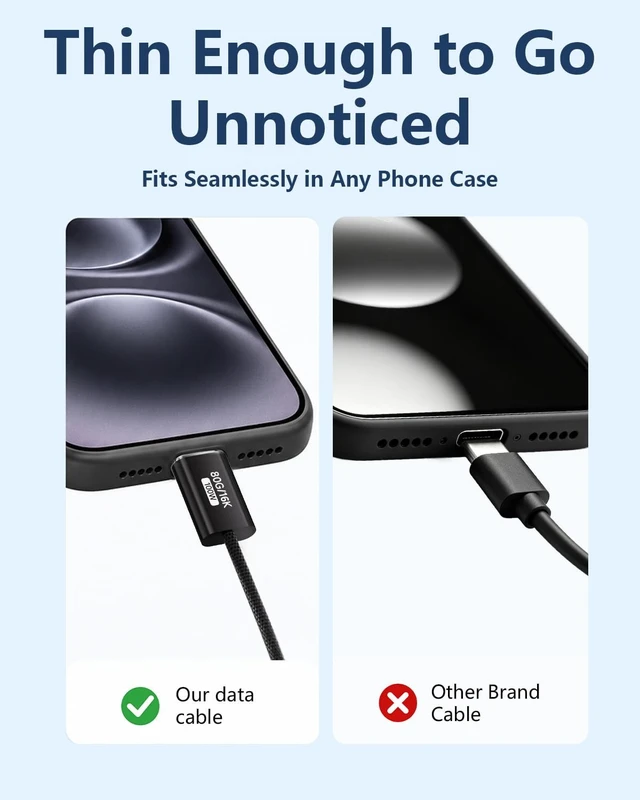 Alt view image 4 of 5 - KMMXXCPM Black,3.3FT USB C Cable Thin,USB5 80Gbps Data Cable Compatible with Thunderbolt 5/4/3,Slim Connector,100W Fast Charging,16K/8K/4K HD Video Cord for Monitor,MacBook,iPhone 17/16,Docking.