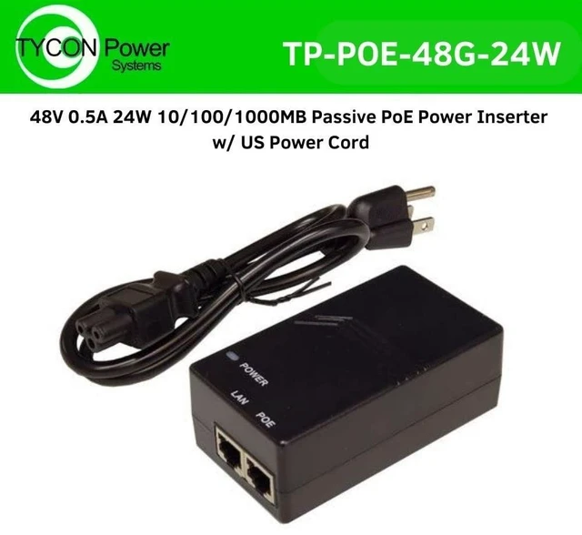 Alt view image 4 of 4 - Tycon Power Systems 48V 0.5A 24W 10/100/1000MB Passive PoE Power Inserter w/US Power Cord