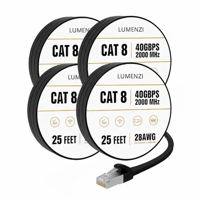 Main image of Lumenzi Cat8 Flat Ethernet Cable 25ft, 4 Pc Pack, 40Gbps 2000MHz Network Patch Cord, S/FTP Shielded LAN Cable, ETL Listed, RoHS Compliant, with RJ45 Connectors for Gaming, Router, Modem & Laptop