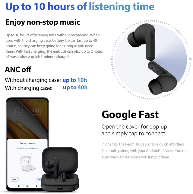 Alt view image 3 of 5 - XIAOMI Redmi Buds 5 Wireless in-Ear Earbuds with Charging Case (Black)