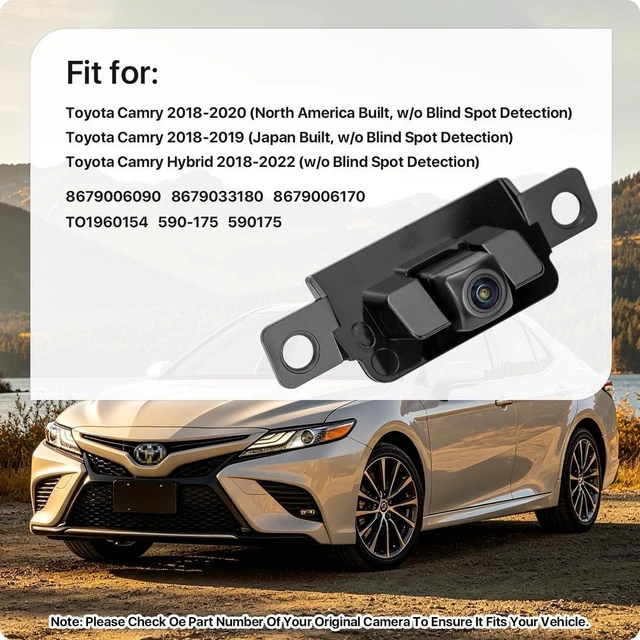 Alt view image 2 of 5 - 8679006090 Rear View Camera Replacement for Toyota Camry 2018-2022(w/o Blind Spot Detection), OE Backup Cam Replaces 8679033180, 8679006170, TO1960154, 590-175, 590175 by GreenYi