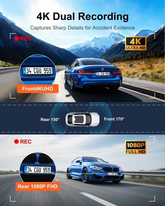 Alt view image 2 of 5 - 4K Dash Cam Front Rear, Dual Dash Camera for Cars Built in 5GHz/2.4GHz WiFi GPS Dashcam with G-Sensor 24H Parking Monitor Loop Recording WDR Night Vision 170 View Angle APP Control Free 64GB SD Card