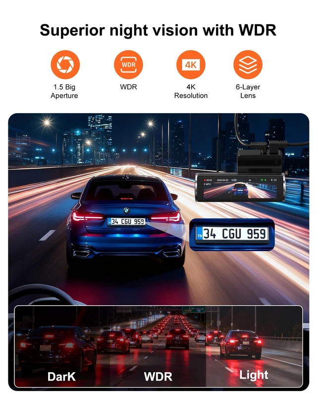 Alt view image 5 of 5 - 4K Dash Cam Front Rear, Dual Dash Camera for Cars Built in 5GHz/2.4GHz WiFi GPS Dashcam with G-Sensor 24H Parking Monitor Loop Recording WDR Night Vision 170 View Angle APP Control Free 64GB SD Card