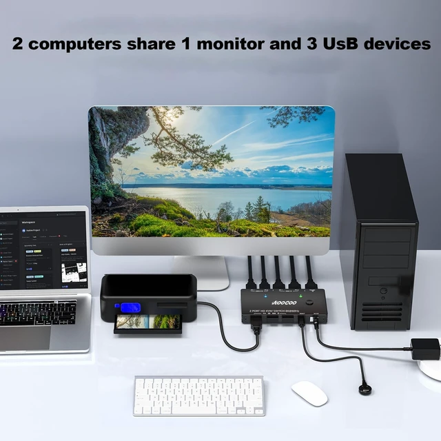Alt view image 4 of 5 - HDMI2.1 KVM Switch 2 Computers 1 Monitor, 8K@60Hz Single Monitor KVM Switch for 2 PC Share 1 Monitor and USB3.0 Devices, with USB Cables,Controller and Power Adapter