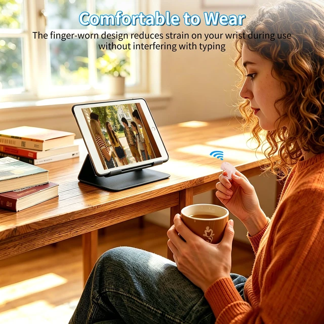 Alt view image 4 of 5 - Mini Finger Ring Mouse with Charging Case Wearable Bluetooth Remote Control Scrolling Ring Thumb Mouse Wireless Handheld Air Mouse for Smartphone Tablet iPad for Page Turn Take Photo Watch Vide