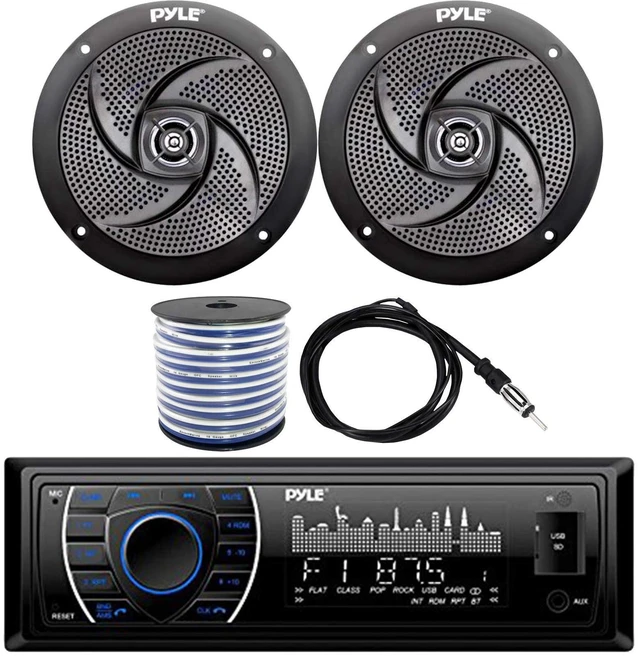 Main image of Pyle AM/FM USB Bluetooth in-Dash Marine Stereo Digital Media Headunit Receiver, 2 x 4 2-Way Weather-Resistant 100W Black Audio Speakers, 18-Gauge Speaker Wire, Wired Radio Antenna