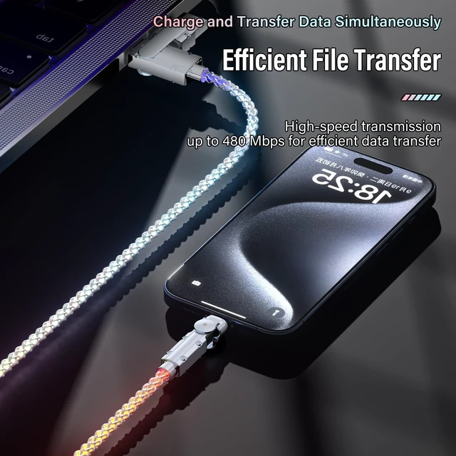 Alt view image 4 of 5 - LED Light Up USB C Charging Cable 2Pack 6.6ft Rotating USB C to USB C Cable