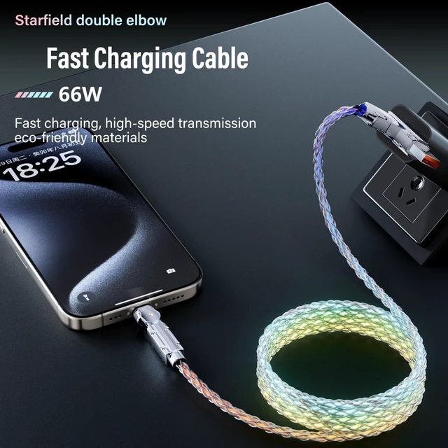Alt view image 3 of 5 - LED Light Up USB C Charging Cable 2Pack 6.6ft Rotating USB C to USB C Cable