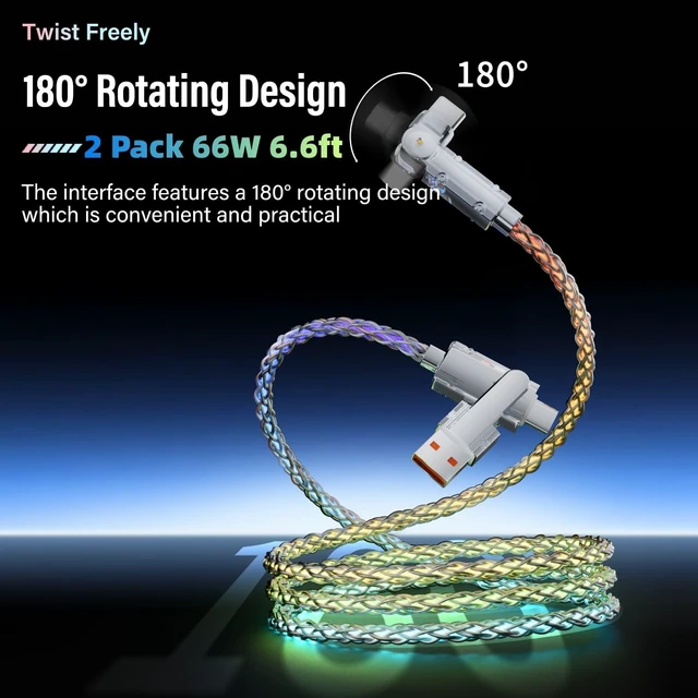 Alt view image 2 of 5 - LED Light Up USB C Charging Cable 2Pack 6.6ft Rotating USB C to USB C Cable