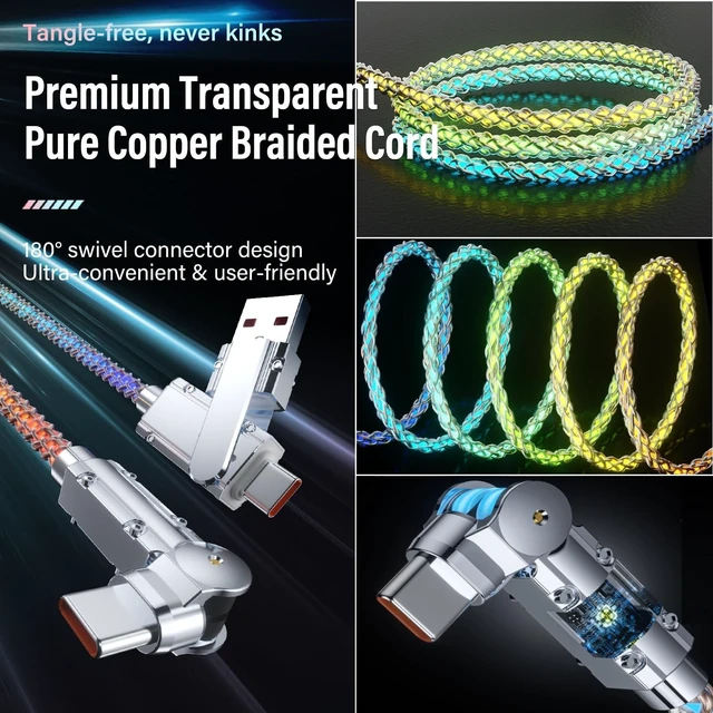 Alt view image 5 of 5 - LED Light Up USB C Charging Cable 2Pack 6.6ft Rotating USB C to USB C Cable