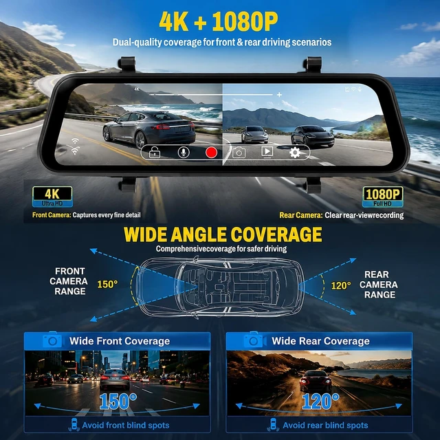 Alt view image 2 of 5 - 4K Mirror Dash Cam Front and Rear, 9.66 Inch Rearview Mirror Camera