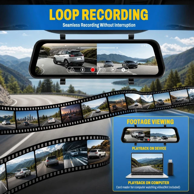 Alt view image 4 of 5 - 4K Mirror Dash Cam Front and Rear, 9.66 Inch Rearview Mirror Camera