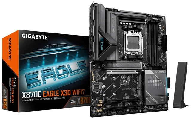 Main image of GIGABYTE X870E Eagle X3D WF7 AMD AM5 ATX Motherboard, Supports AMD Ryzen 9000/8000/7000 Series, DDR5, 16+2+2 Power Phase, 4X M.2, PCIe 5.0, USB4 Type-C, WIFI7, 5 GbE, PCIe EZ-Latch, 5-Year