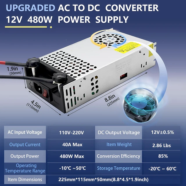 Alt view image 2 of 5 - 110V AC to DC 12V Converter 120V to 12V 40A 480W Power Supply