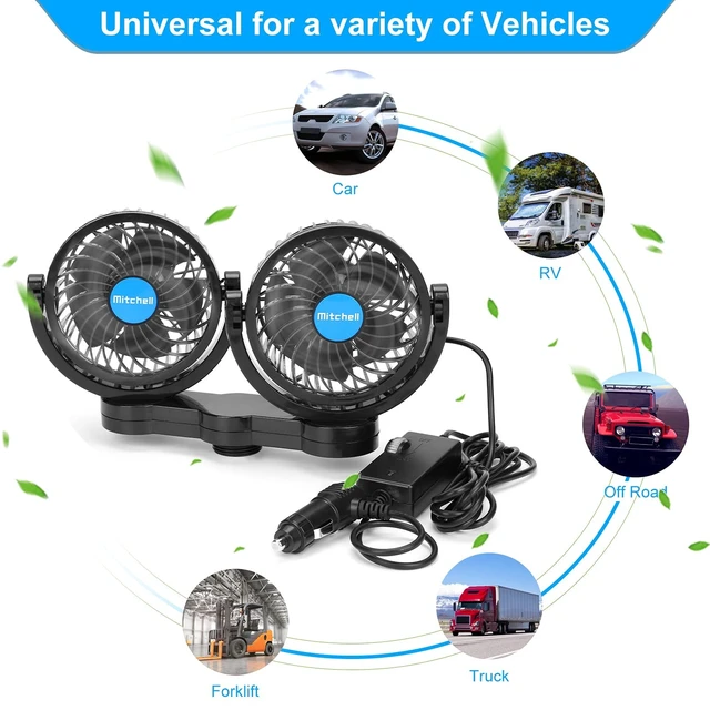 Alt view image 2 of 5 - Hynoo 12V Car Clip Fans, Adjustable Dual Head Clip Fan 360 Rotatable Cooling Air Fan, 4'' Electric Auto Car Fans with Cigarette Lighter Plug for Vehicles, RV, SUV