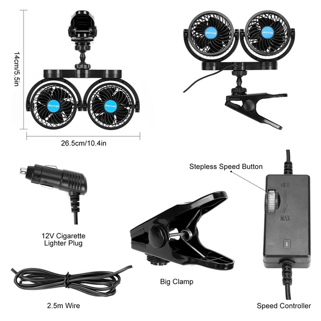 Alt view image 4 of 5 - Hynoo 12V Car Clip Fans, Adjustable Dual Head Clip Fan 360 Rotatable Cooling Air Fan, 4'' Electric Auto Car Fans with Cigarette Lighter Plug for Vehicles, RV, SUV