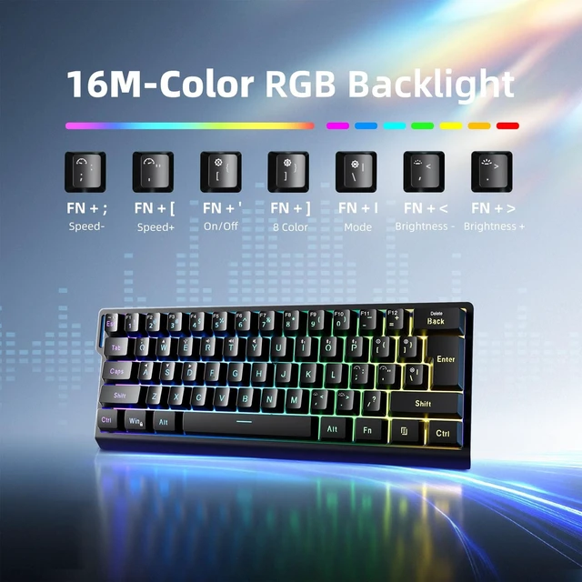 Alt view image 2 of 5 - Glaeptio Wireless Mechanical Keyboard, 3 Mode 61 Keys Bluetooth 2.4G Wired RGB Lighting Mechanical Gaming Keyboard Anti Ghosting Ergonomic Design with Hanging Rope (Black)