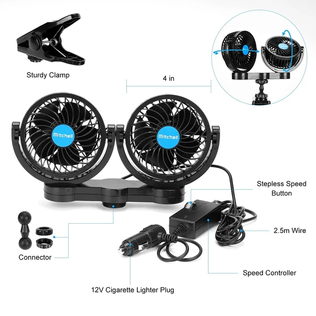 Alt view image 5 of 5 - Hynoo 12V Car Clip Fans, Adjustable Dual Head Clip Fan 360 Rotatable Cooling Air Fan, 4'' Electric Auto Car Fans with Cigarette Lighter Plug for Vehicles, RV, SUV