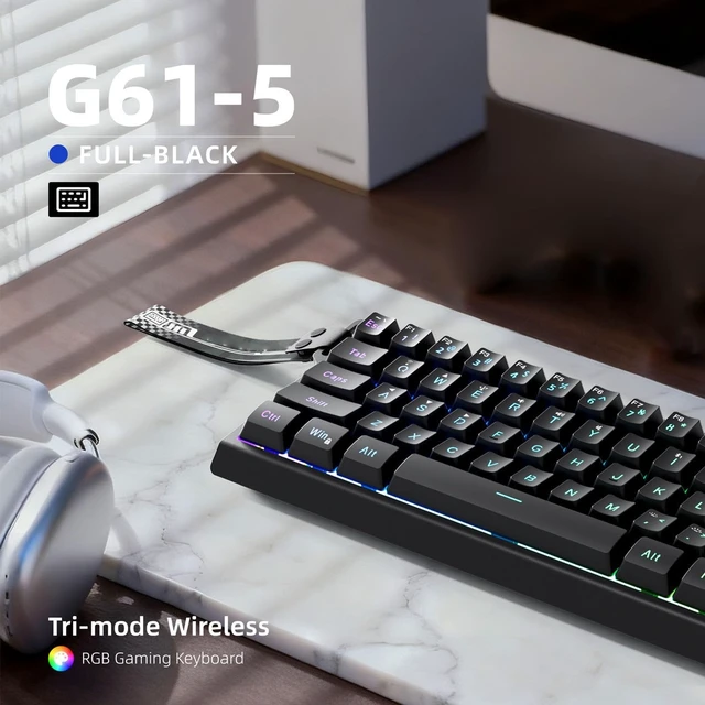 Alt view image 4 of 5 - Glaeptio Wireless Mechanical Keyboard, 3 Mode 61 Keys Bluetooth 2.4G Wired RGB Lighting Mechanical Gaming Keyboard Anti Ghosting Ergonomic Design with Hanging Rope (Black)