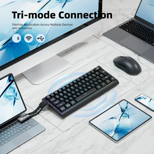 Alt view image 3 of 5 - Glaeptio Wireless Mechanical Keyboard, 3 Mode 61 Keys Bluetooth 2.4G Wired RGB Lighting Mechanical Gaming Keyboard Anti Ghosting Ergonomic Design with Hanging Rope (Black)