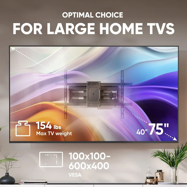 Alt view image 2 of 5 - ONKRON Full Motion TV Wall Mount 40-75", 154 lbs, max VESA 600x400, Black