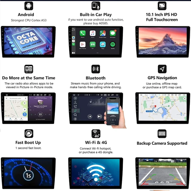 Alt view image 4 of 5 - Double Din Car Stereo Audio Receiver Compatible with Apple Carplay, Android Auto, 10 Inch Full Touchscreen Car Stereo, Backup Camera, Bluetooth, USB/TF/AUX Port, A/V Input, FM