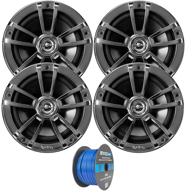 Main image of Enrock Marine 2 Pairs (Qty 4) of Infinity 6.5" 225 Watts Peak Power Water-Resistant Coaxial 2-Way Boat Outdoor Powersports Audio Chrome Speakers Bundle (Bulk Packaging) Grade Speaker Wire
