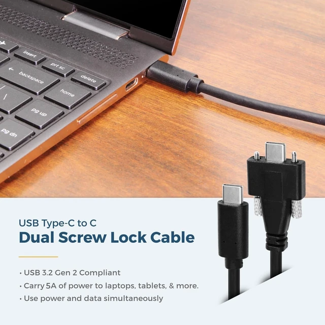 Alt view image 3 of 5 - Coolgear Screw Lock USB Cable, 10Gbps USB Type-C Dual Screw Lock to USB-C - Locking Connector for Stable Connections - 3.2 Gen 2 Data, 5A Power, 1 Meter