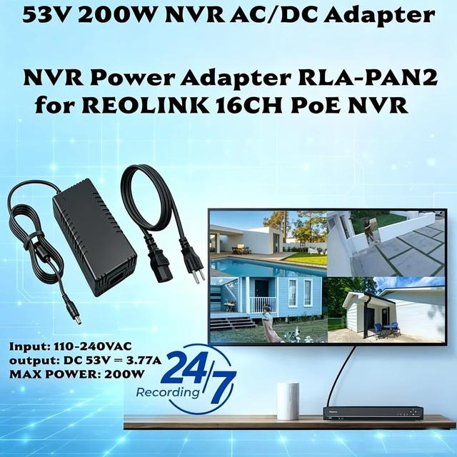 Alt view image 2 of 5 - MSZLZTD 53V 3.77A Replacement Power Adapter for Reolink RLN16410 16Channel PoE Network Video Recorder, Only Fits RLN16410 nvr, Delivers Stable FullLoad Power to 16 FullAT HighSecurity Cameras